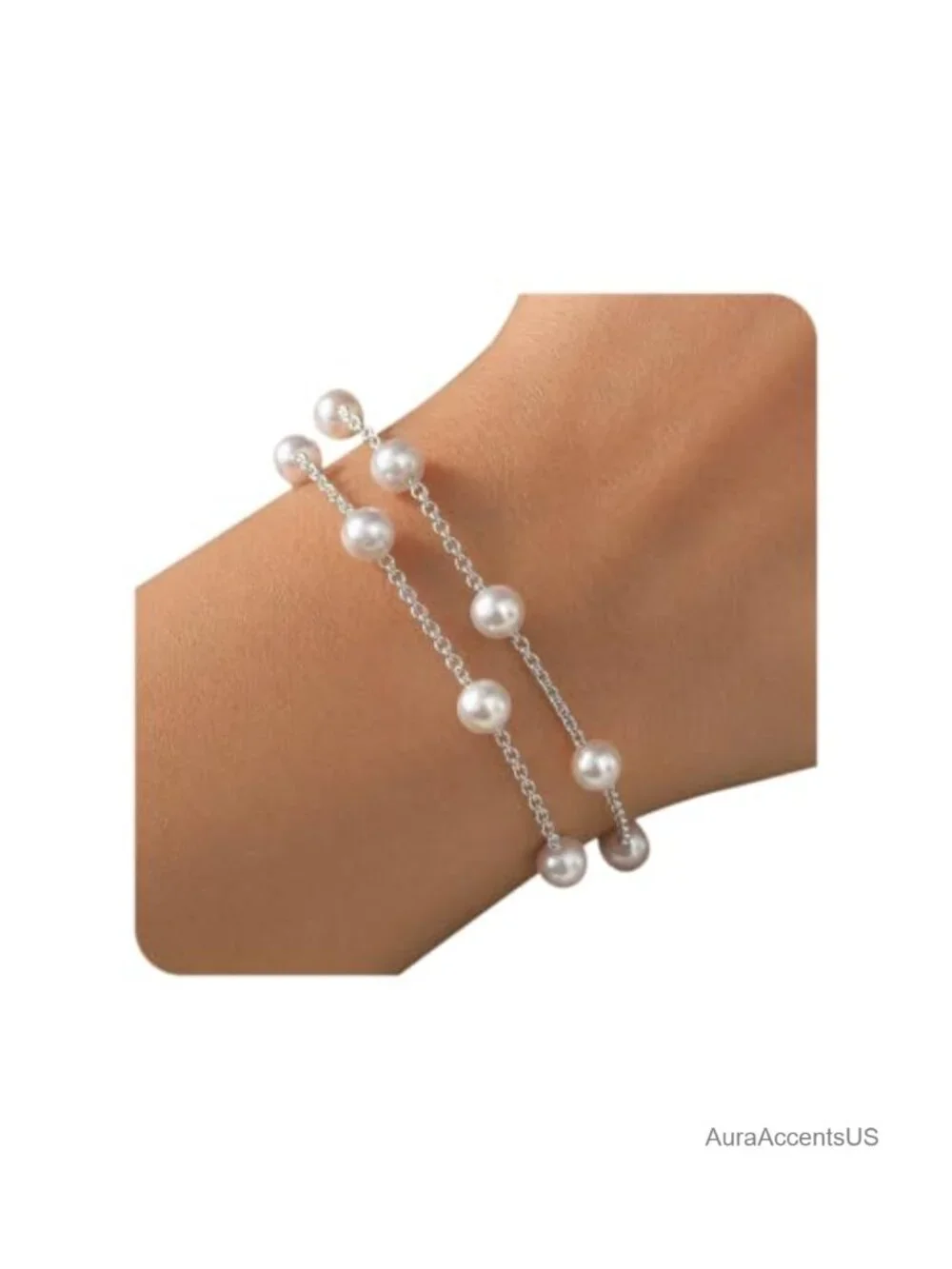 Simulated Pearl Bracelet Stack Silver Adjustable Layered